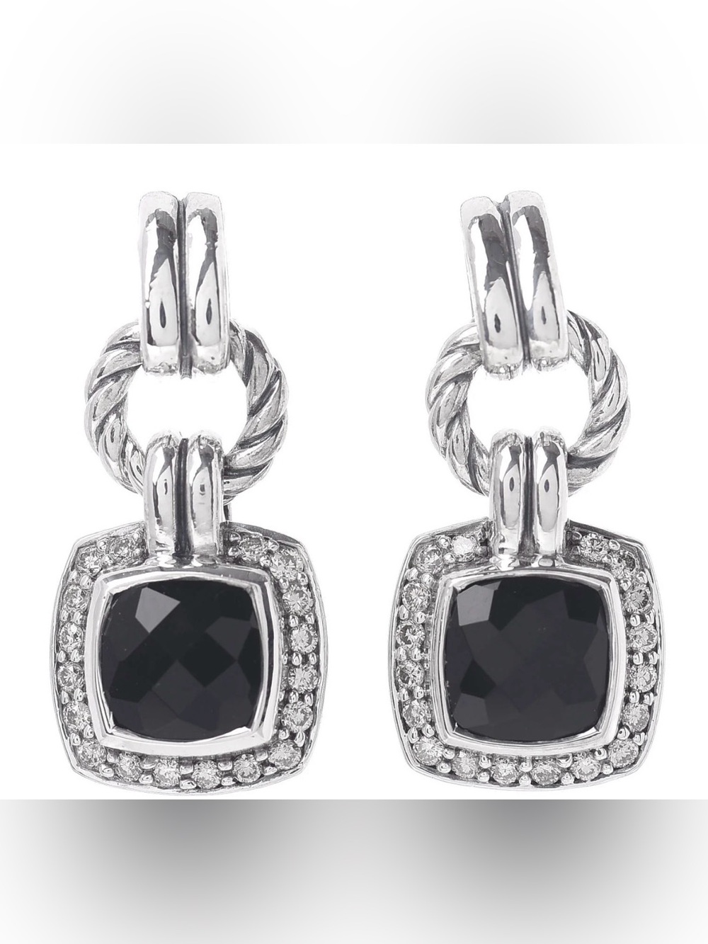 David Yurman Sterling Silver Diamond Black Onyx 7mm Petite Albion Drop Earrings